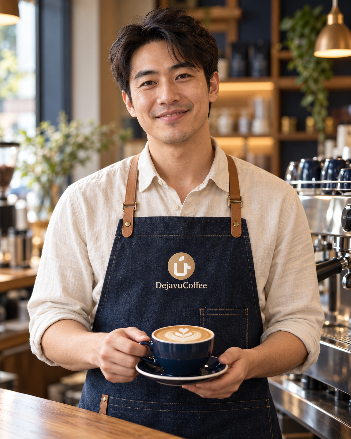 Illustrative barista holding a latte and wearing a navy apron embroidered with the DejavuCoffee logo