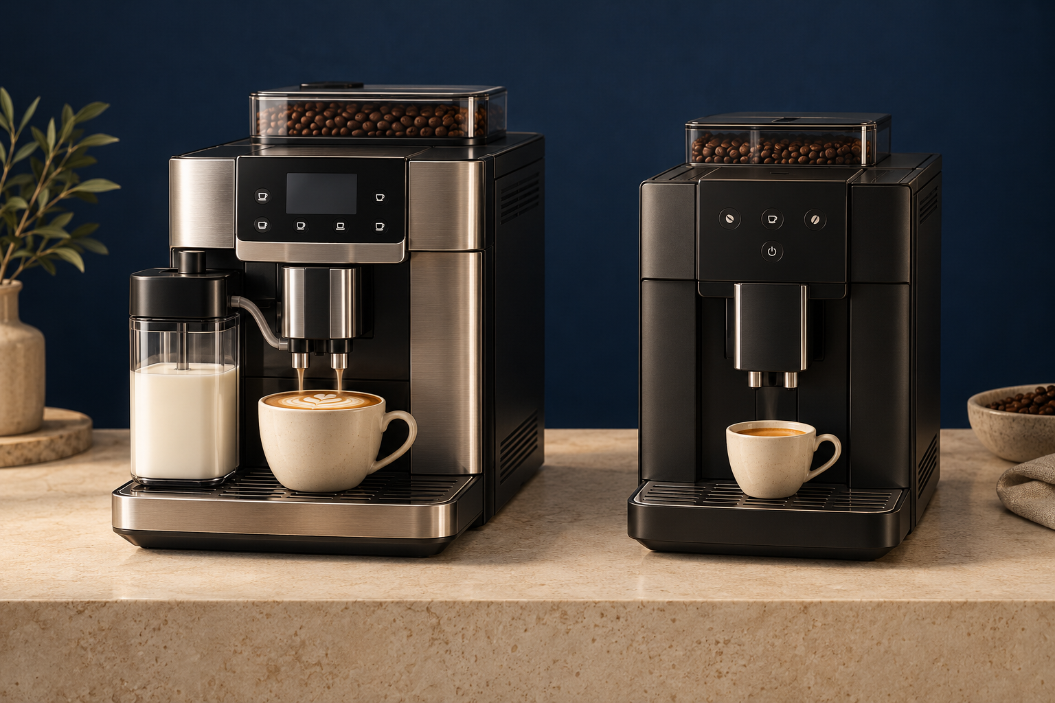 Illustrative automatic bean-to-cup machines: a milk-system machine making a latte on the left and a coffee-only machine with espresso on the right